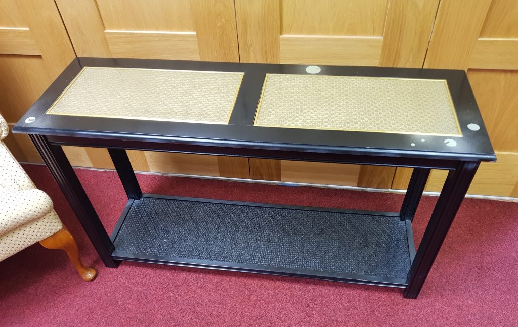 Upcycled furniture. Hall Table with decorative golden glass bubble inserts and a decorated glazed surface